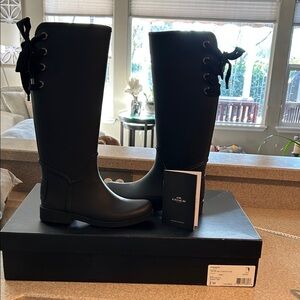 Coach Black Knee High Rain Boots- only worn once. Comes with box and packet.